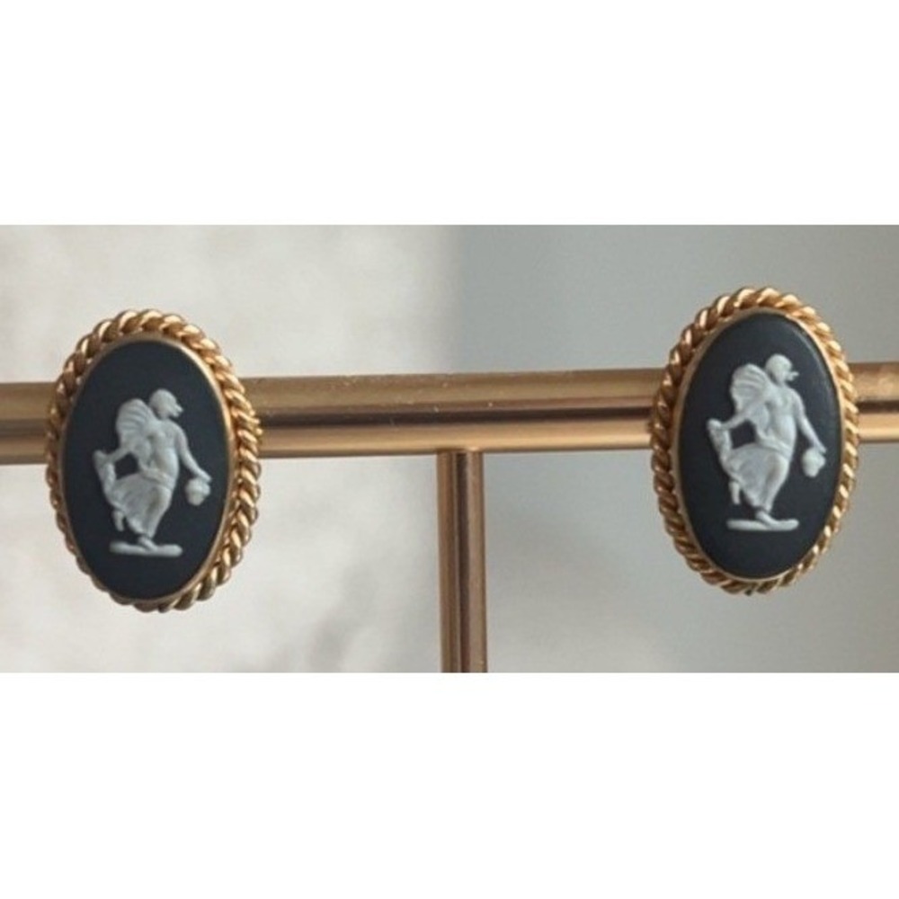 Vintage Van Dell Wedgewood Black White Earrings - 14K Gold Filled